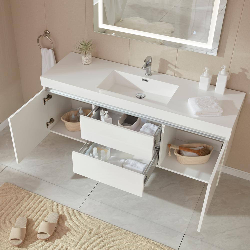 Vanity Art Annecy 60 in. W x 18.5 in. D x 20 in. H Bathroom Wall Hung LED Vanity in White w/ Single Basin Vanity Top in White Resin