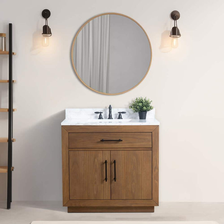 Vanity Art 36 in. W x 21.5 in. D x 34 in. H Single Sink Bathroom Vanity in Tan with Arabescato White Engineered Marble Top