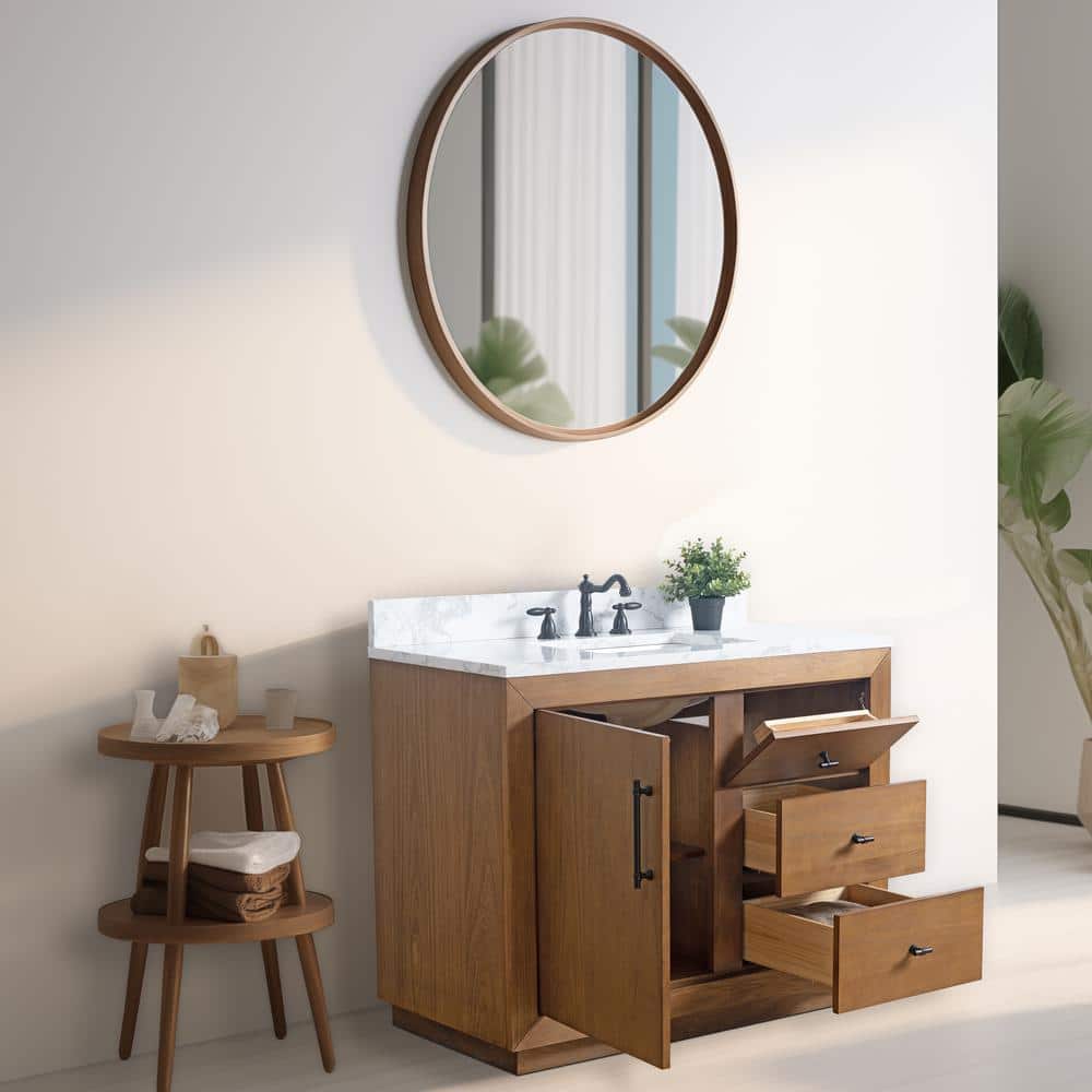 Vanity Art 42 in. W x 21.5 in. D x 34 in. H Single Sink Bathroom Vanity in Tan with Arabescato White Engineered Marble Top