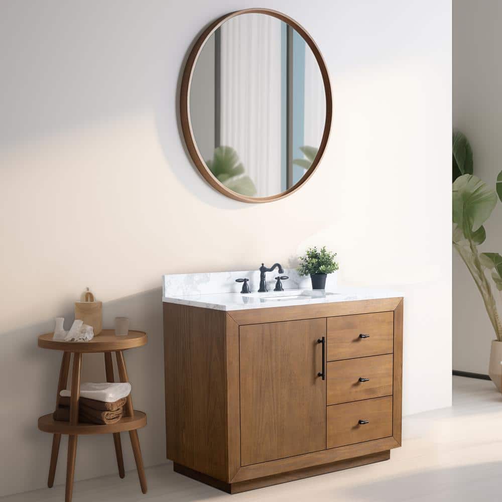 Vanity Art 42 in. W x 21.5 in. D x 34 in. H Single Sink Bathroom Vanity in Tan with Arabescato White Engineered Marble Top