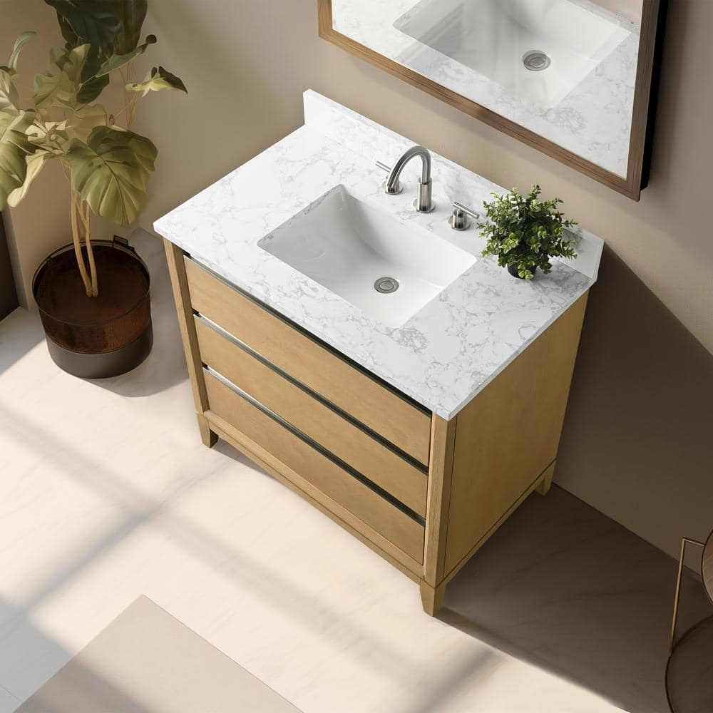 Vanity Art 36 in. W x 22 in. D x 34 in. H Single Sink Bathroom Vanity in Natural Oak with Engineered Marble Top