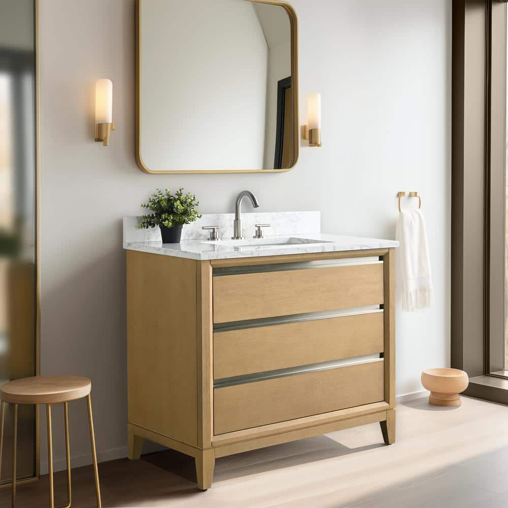 Vanity Art 36 in. W x 22 in. D x 34 in. H Single Sink Bathroom Vanity in Natural Oak with Engineered Marble Top