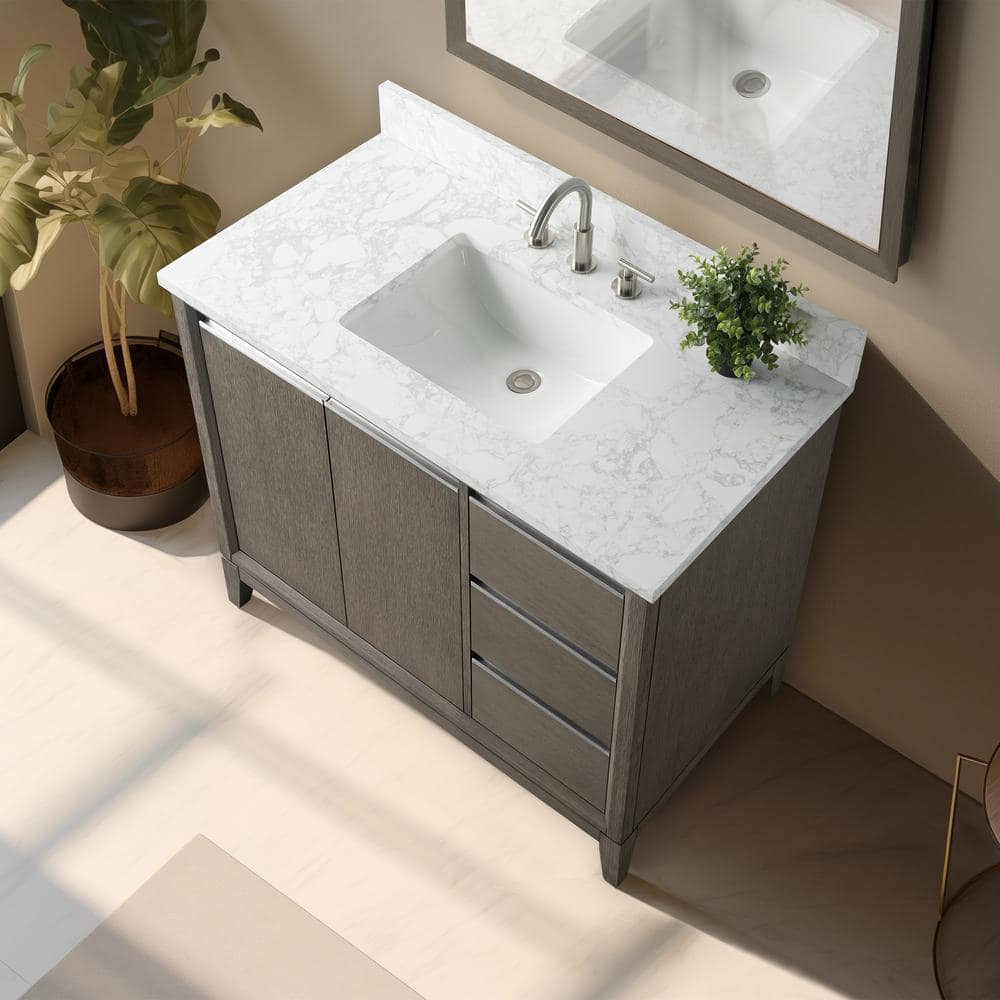 Vanity Art 42 in. W x 22 in. D x 34 in. H Single Sink Bathroom Vanity in Driftwood Gray with Engineered Marble Top