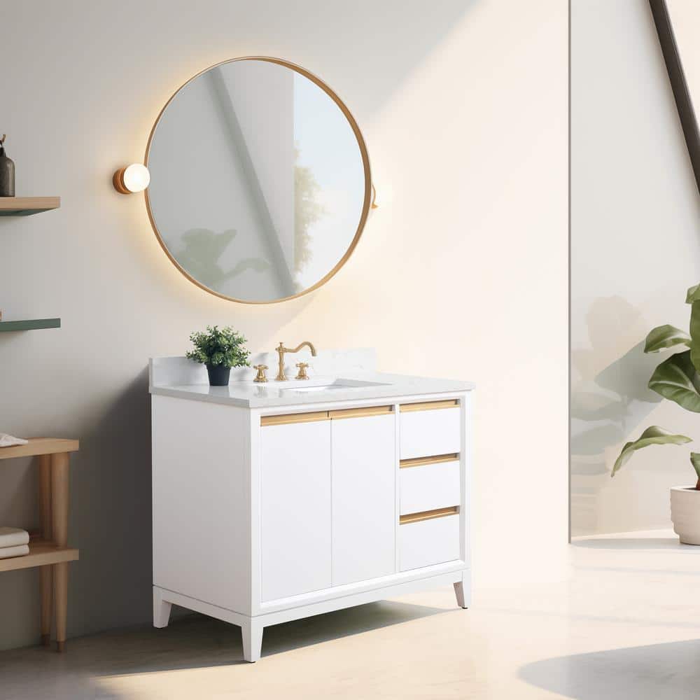 Vanity Art 42 in. W x 22 in. D x 34 in. H Single Sink Bathroom Vanity in White with Engineered Marble Top