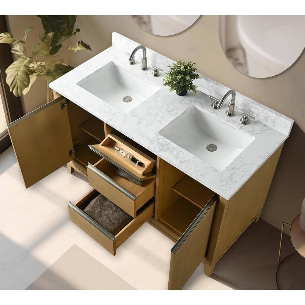 Vanity Art 54 in. W x 22 in. D x 34 in. H Double Sink Bathroom Vanity in Natural Oak with Engineered Marble Top