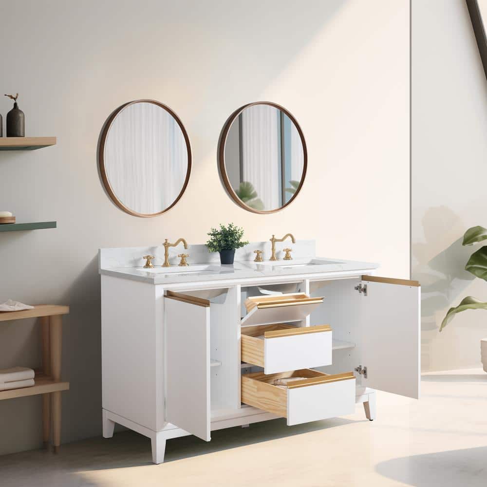 Vanity Art 54 in. W x 22 in. D x 34 in. H Double Sink Bathroom Vanity in White with Engineered Marble Top