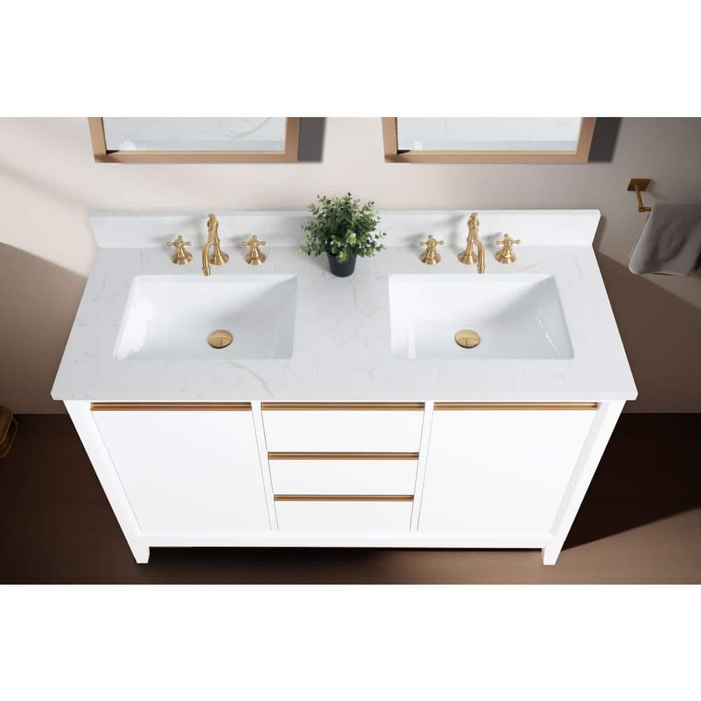 Vanity Art 54 in. W x 22 in. D x 34 in. H Double Sink Bathroom Vanity in White with Engineered Marble Top