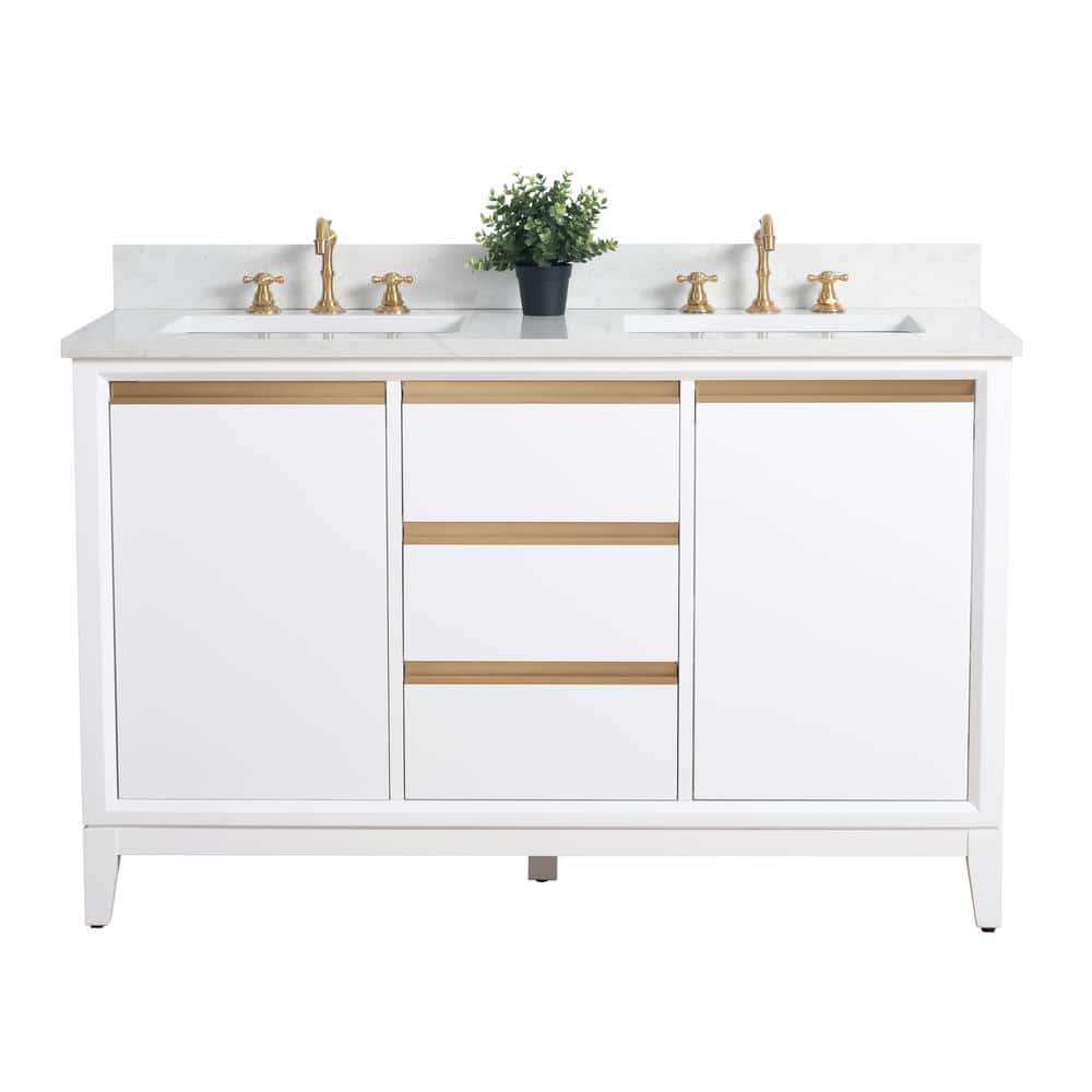 Vanity Art 54 in. W x 22 in. D x 34 in. H Double Sink Bathroom Vanity in White with Engineered Marble Top
