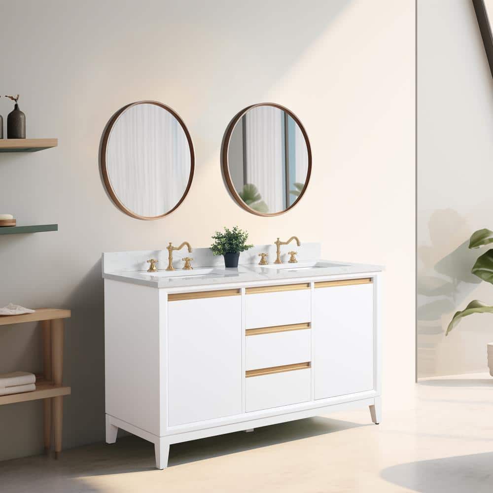 Vanity Art 54 in. W x 22 in. D x 34 in. H Double Sink Bathroom Vanity in White with Engineered Marble Top