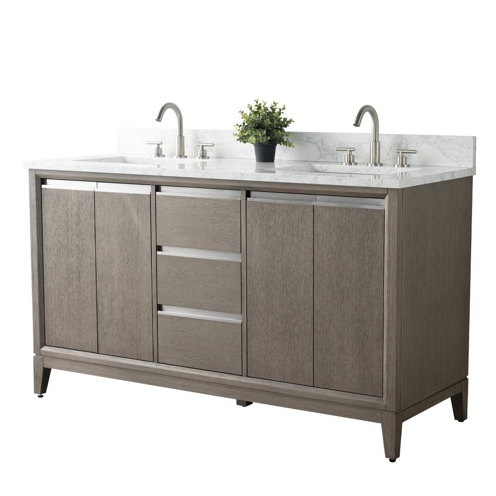 Vanity Art 60 in. W x 22 in. D x 34 in. H Double Sink Bathroom Vanity in Driftwood Gray with Engineered Marble Top