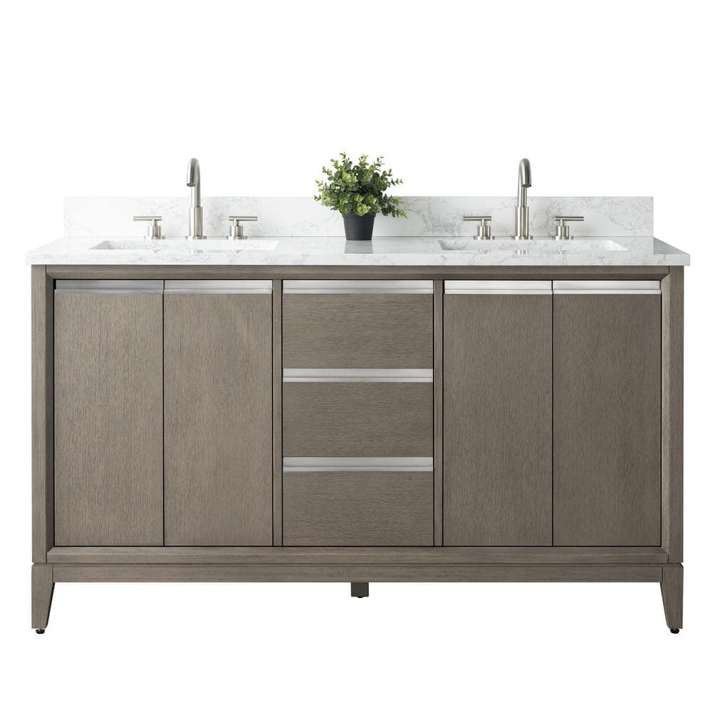 Vanity Art 60 in. W x 22 in. D x 34 in. H Double Sink Bathroom Vanity in Driftwood Gray with Engineered Marble Top