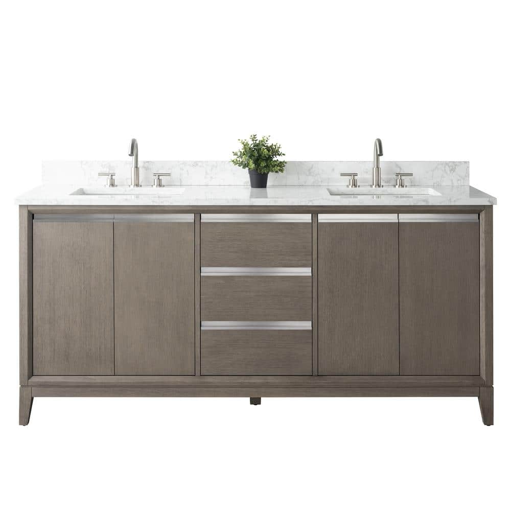 Vanity Art 72 in. W x 22 in. D x 34 in. H Double Sink Bathroom Vanity in Driftwood Gray with Engineered Marble Top