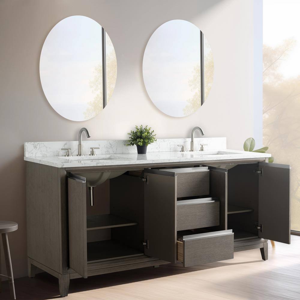 Vanity Art 72 in. W x 22 in. D x 34 in. H Double Sink Bathroom Vanity in Driftwood Gray with Engineered Marble Top