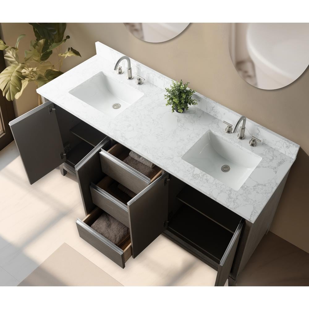 Vanity Art 72 in. W x 22 in. D x 34 in. H Double Sink Bathroom Vanity in Driftwood Gray with Engineered Marble Top