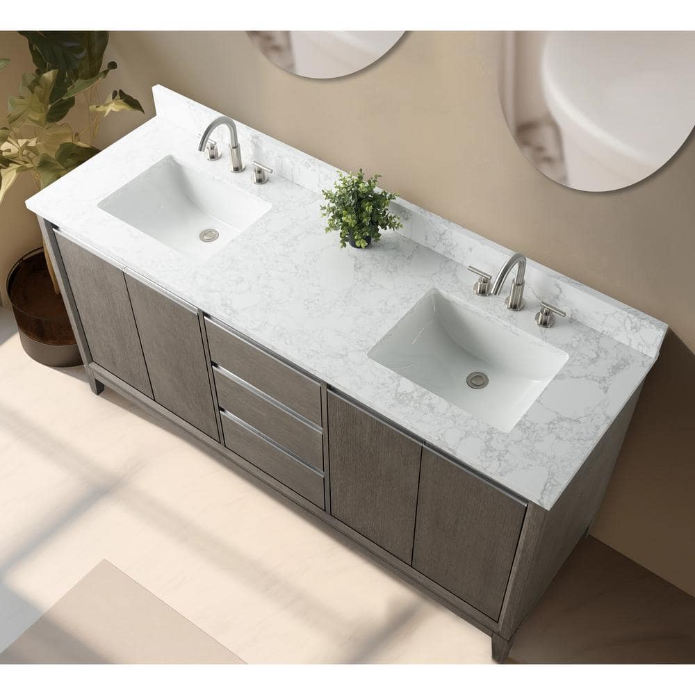 Vanity Art 72 in. W x 22 in. D x 34 in. H Double Sink Bathroom Vanity in Driftwood Gray with Engineered Marble Top