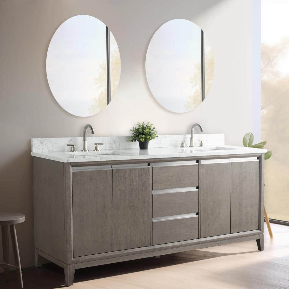 Vanity Art 72 in. W x 22 in. D x 34 in. H Double Sink Bathroom Vanity in Driftwood Gray with Engineered Marble Top