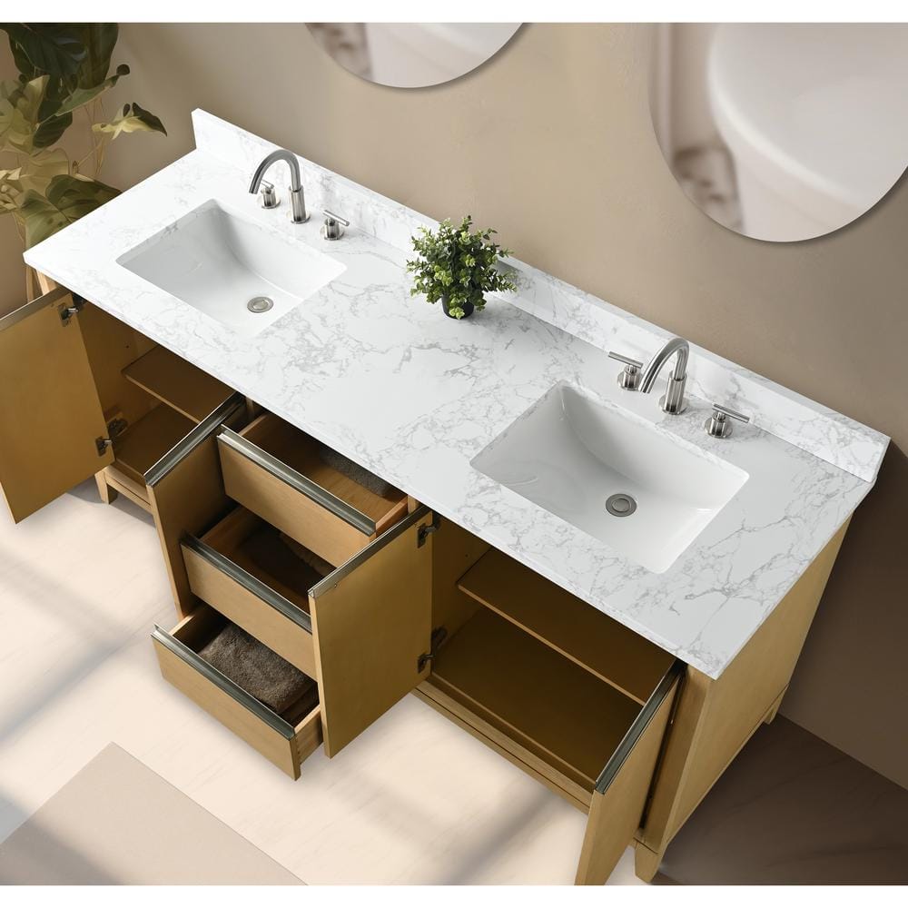 Vanity Art 72 in. W x 22 in. D x 34 in. H Double Sink Bathroom Vanity in Natural Oak with Engineered Marble Top
