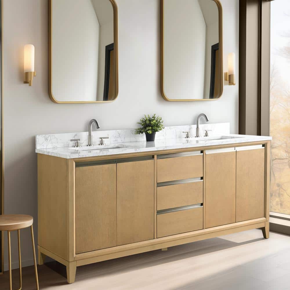 Vanity Art 72 in. W x 22 in. D x 34 in. H Double Sink Bathroom Vanity in Natural Oak with Engineered Marble Top