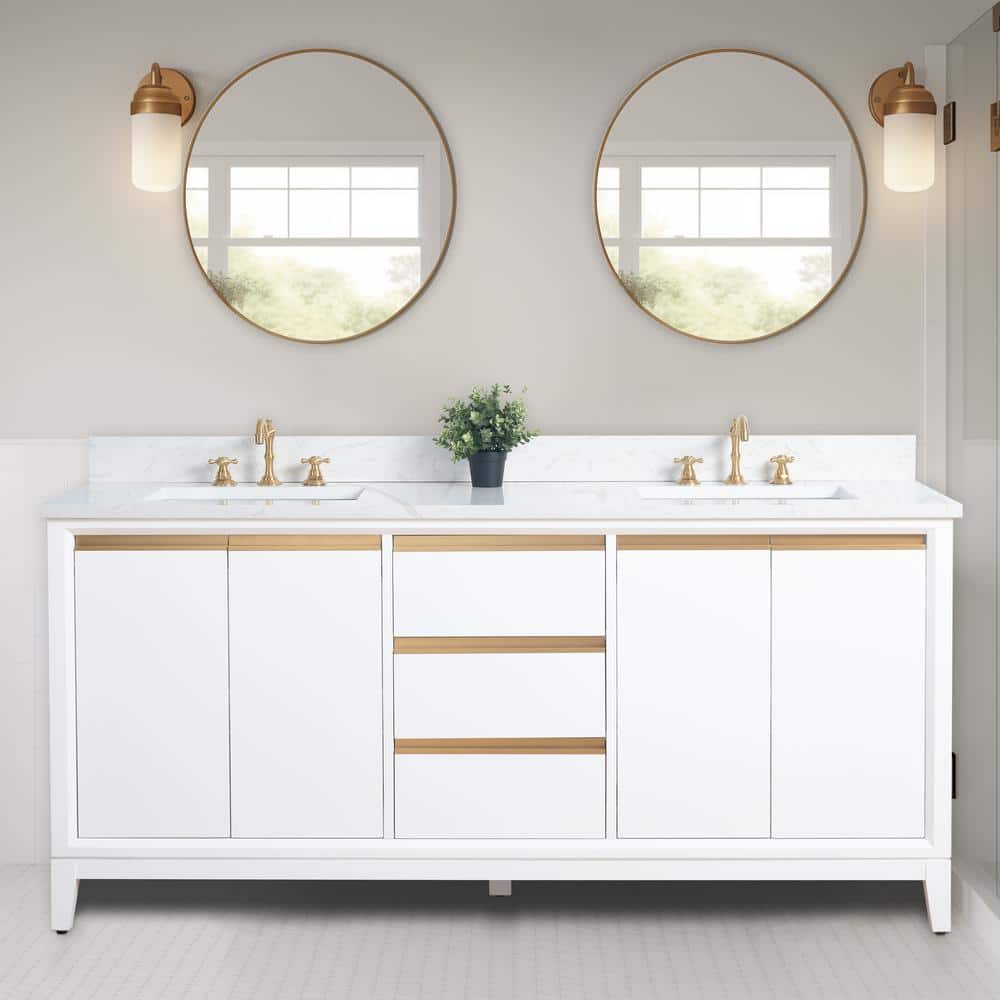Vanity Art 72 in. W x 22 in. D x 34 in. H Double Sink Bathroom Vanity in White with Engineered Marble Top