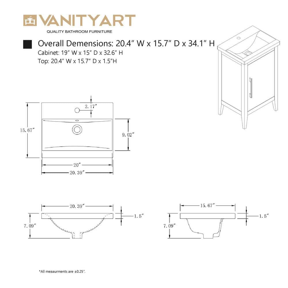Vanity Art 20 in. W x 15.8 in D x 34 in. H Single Sink Bathroom Vanity Cabinet in Cashmere Gray with Ceramic Top