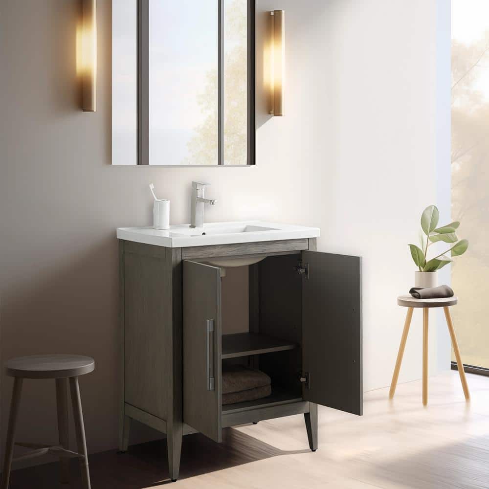 Vanity Art 24 in. W x 18.5 in D x 34 in. H Single Sink Bathroom Vanity Cabinet in Driftwood Gray with Ceramic Top