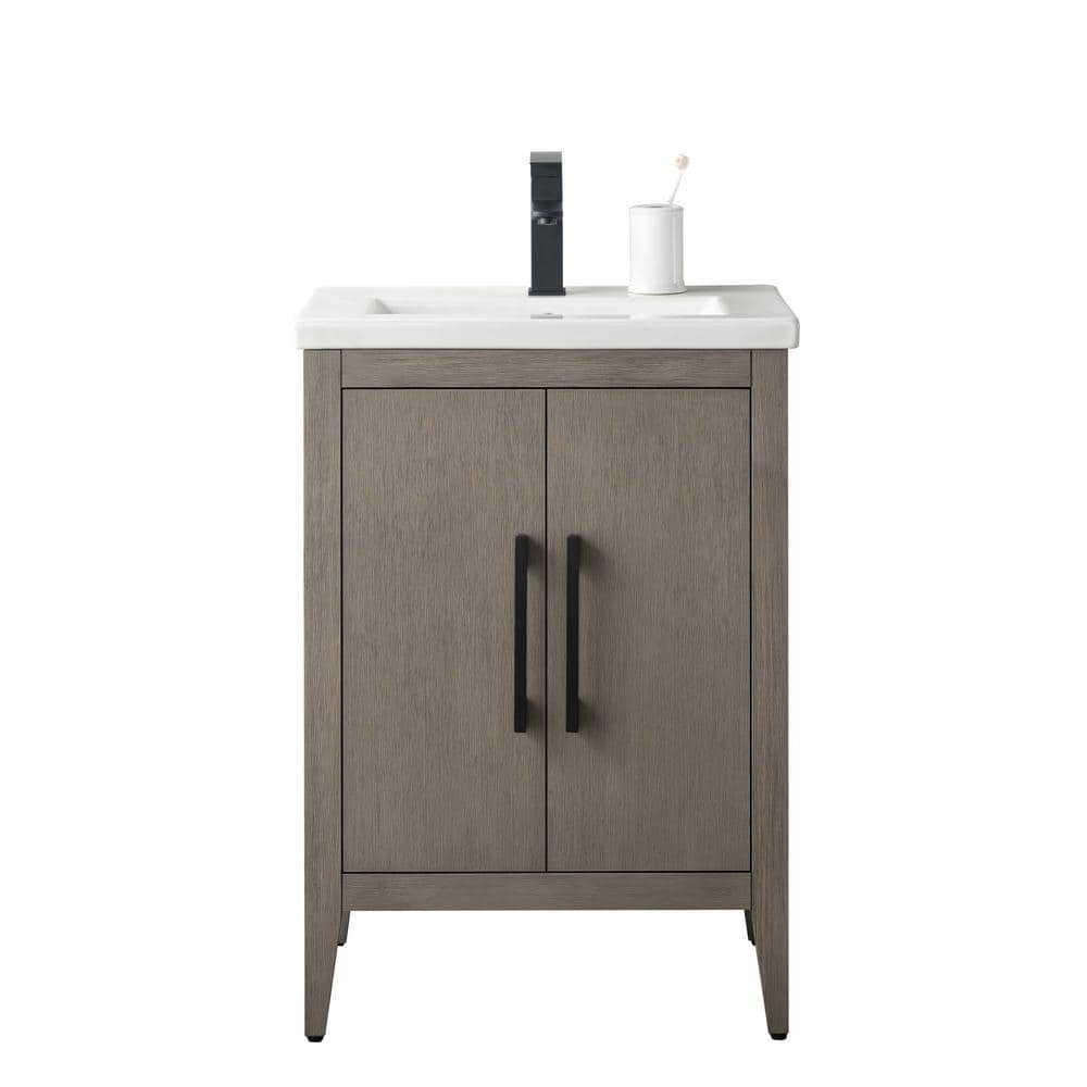 Vanity Art 24 in. W x 18.5 in D x 34 in. H Single Sink Bathroom Vanity Cabinet in Driftwood Gray with Ceramic Top in White