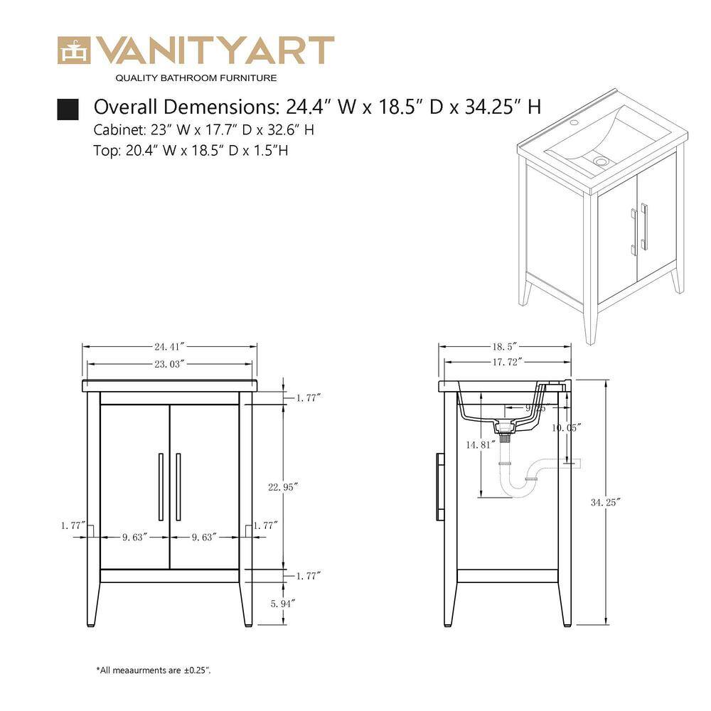 Vanity Art 24 in. W x 18.5 in D x 34 in. H Single Sink Bathroom Vanity Cabinet in Cashmere Gray with Ceramic Top