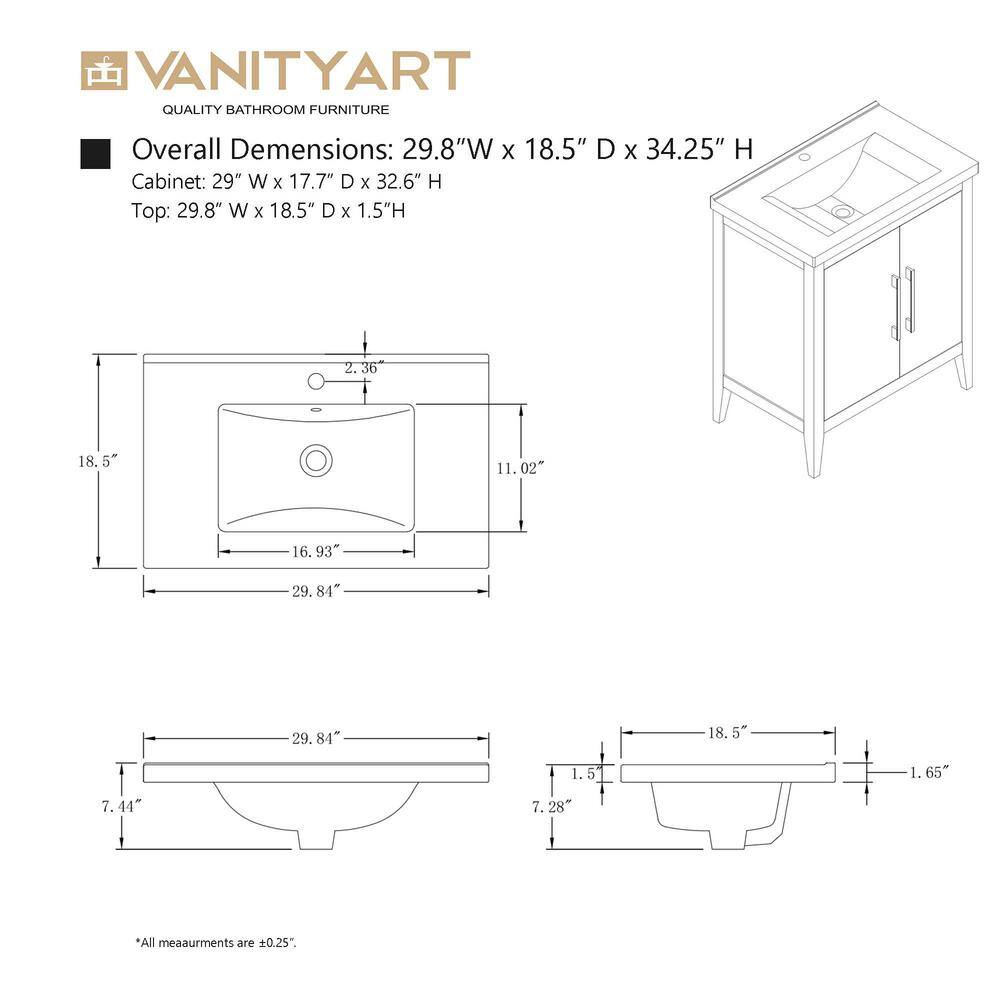 Vanity Art 30 in. W x 18.5 in D x 34 in. H Single Sink Bathroom Vanity Cabinet in Driftwood Gray with Ceramic Top