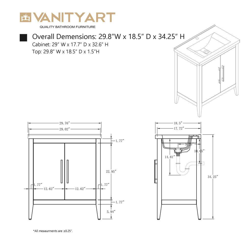 Vanity Art 30 in. W x 18.5 in D x 34 in. H Single Sink Bathroom Vanity Cabinet in Driftwood Gray with Ceramic Top