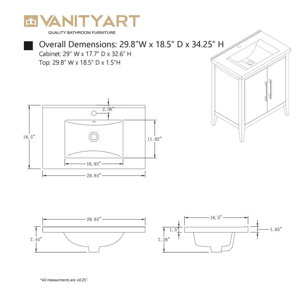 Vanity Art 30 in. W x 18.5 in D x 34 in. H Single Sink Bathroom Vanity Cabinet in Cashmere Gray with Ceramic Top