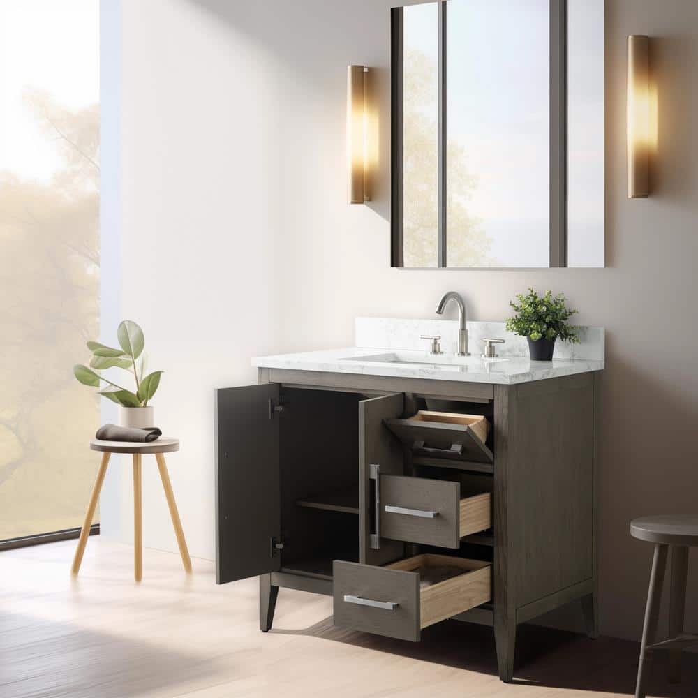 Vanity Art 36 in. W x 22 in. D x 34 in. H Single Sink Bathroom Vanity Cabinet in Driftwood Gray with Engineered Marble Top