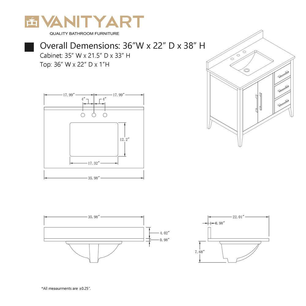 Vanity Art 36 in. W x 22 in. D x 34 in. H Single Sink Bathroom Vanity Cabinet in Driftwood Gray with Engineered Marble Top