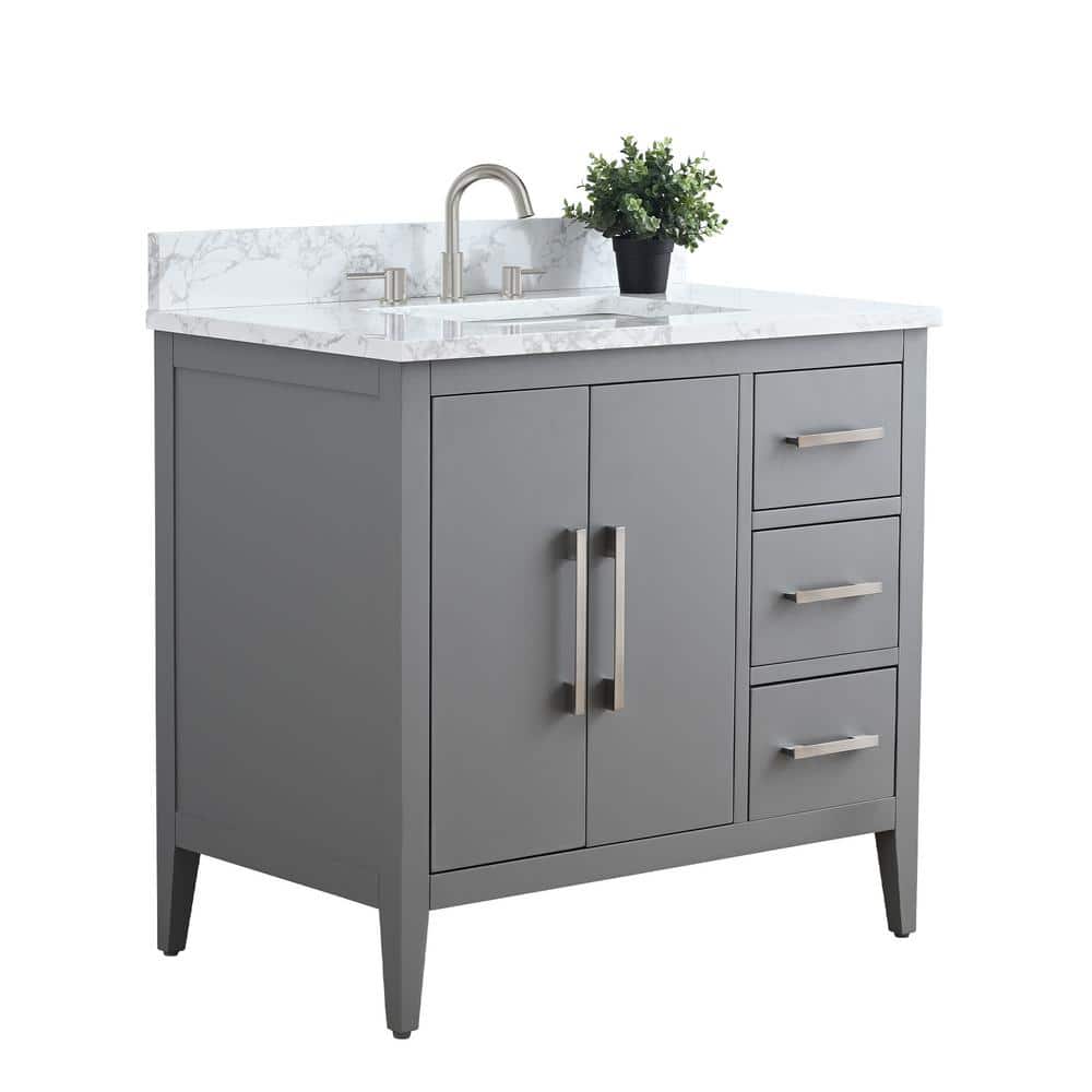 Vanity Art 36 in. W x 22 in. D x 34 in. H Single Sink Bathroom Vanity Cabinet in Cashmere Gray with Engineered Marble Top in White