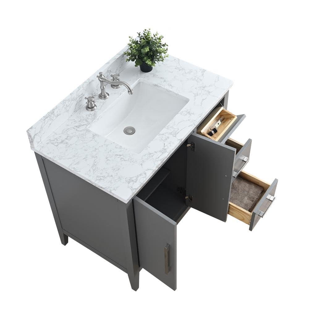 Vanity Art 36 in. W x 22 in. D x 34 in. H Single Sink Bathroom Vanity Cabinet in Cashmere Gray with Engineered Marble Top in White