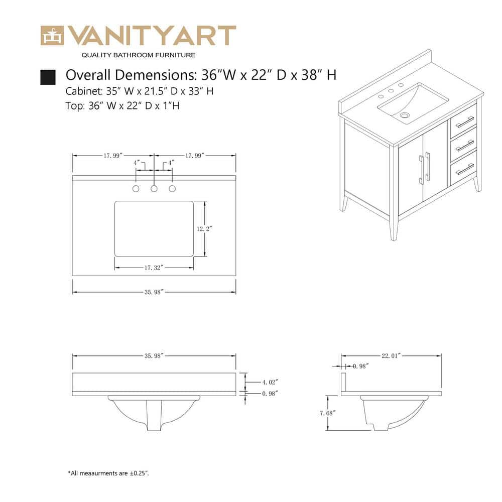 Vanity Art 36 in. W x 22 in. D x 34 in. H Single Sink Bathroom Vanity Cabinet in Cashmere Gray with Engineered Marble Top in White