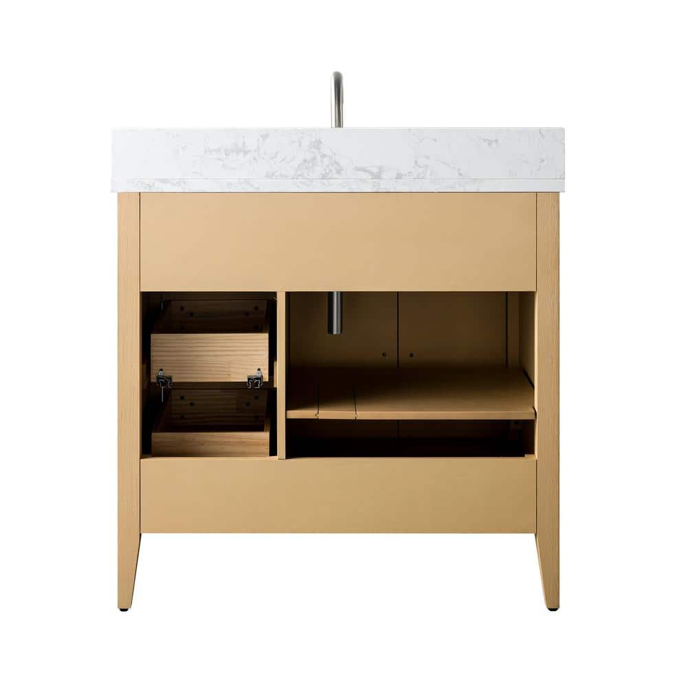 Vanity Art 36 in. W. x 22 in. D x 34 in. H Single Sink Bathroom Vanity Cabinet in Natural Oak with Engineered Marble Top in White
