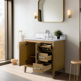Vanity Art 36 in. W. x 22 in. D x 34 in. H Single Sink Bathroom Vanity Cabinet in Natural Oak with Engineered Marble Top in White