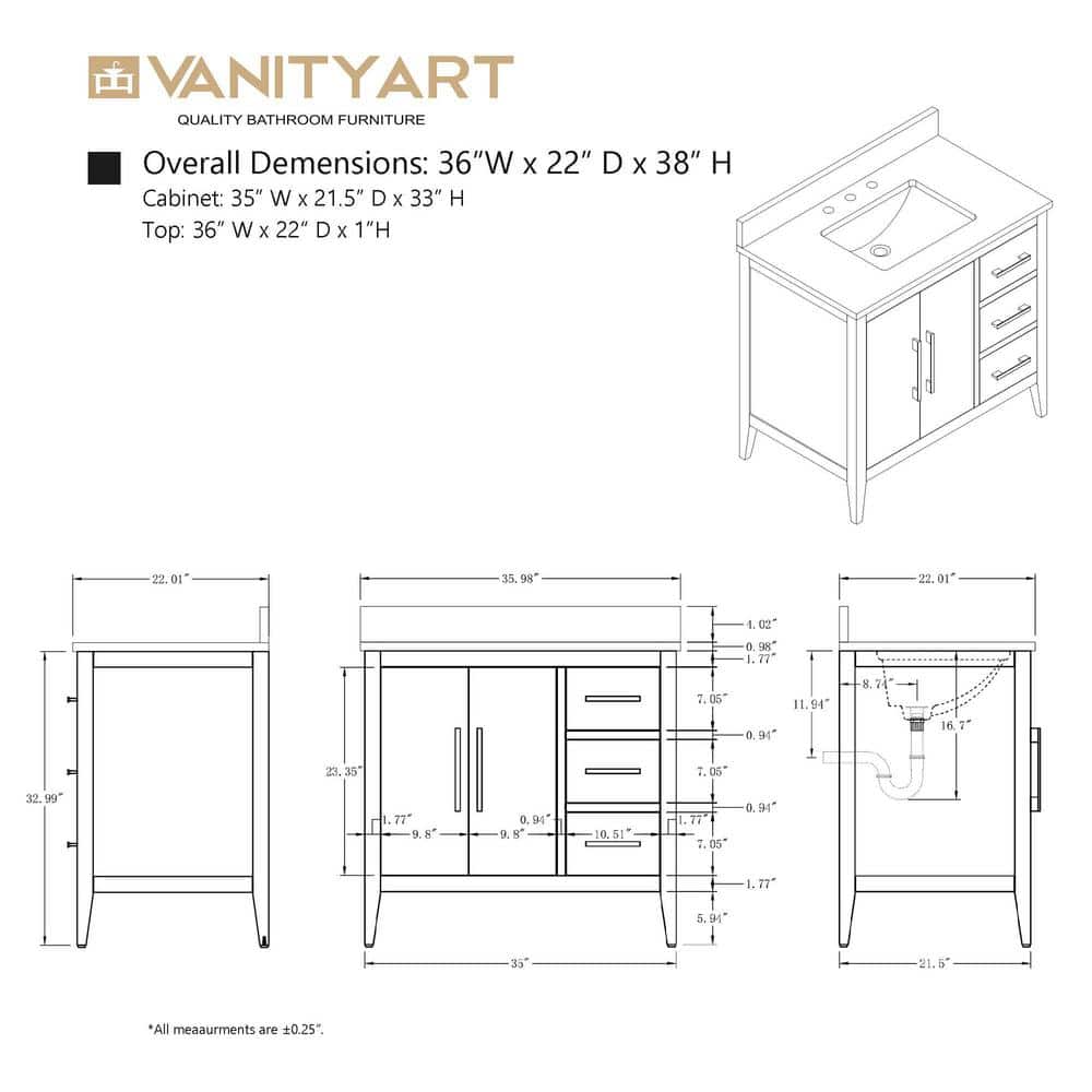 Vanity Art 36 in. W. x 22 in. D x 34 in. H Single Sink Bathroom Vanity Cabinet in Natural Oak with Engineered Marble Top in White