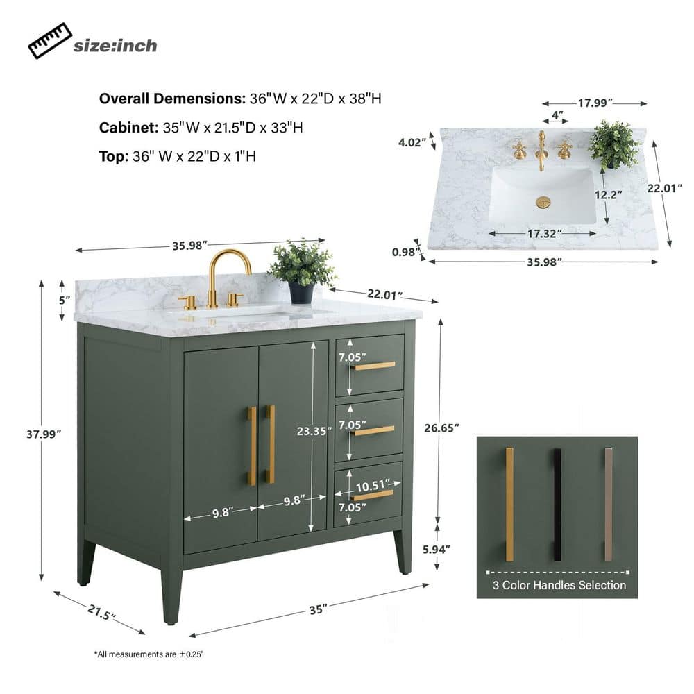 Vanity Art 36 in. W x 22 in. D x 34 in. H Single Sink Bathroom Vanity Cabinet in Vintage Green with Engineered Marble Top in White