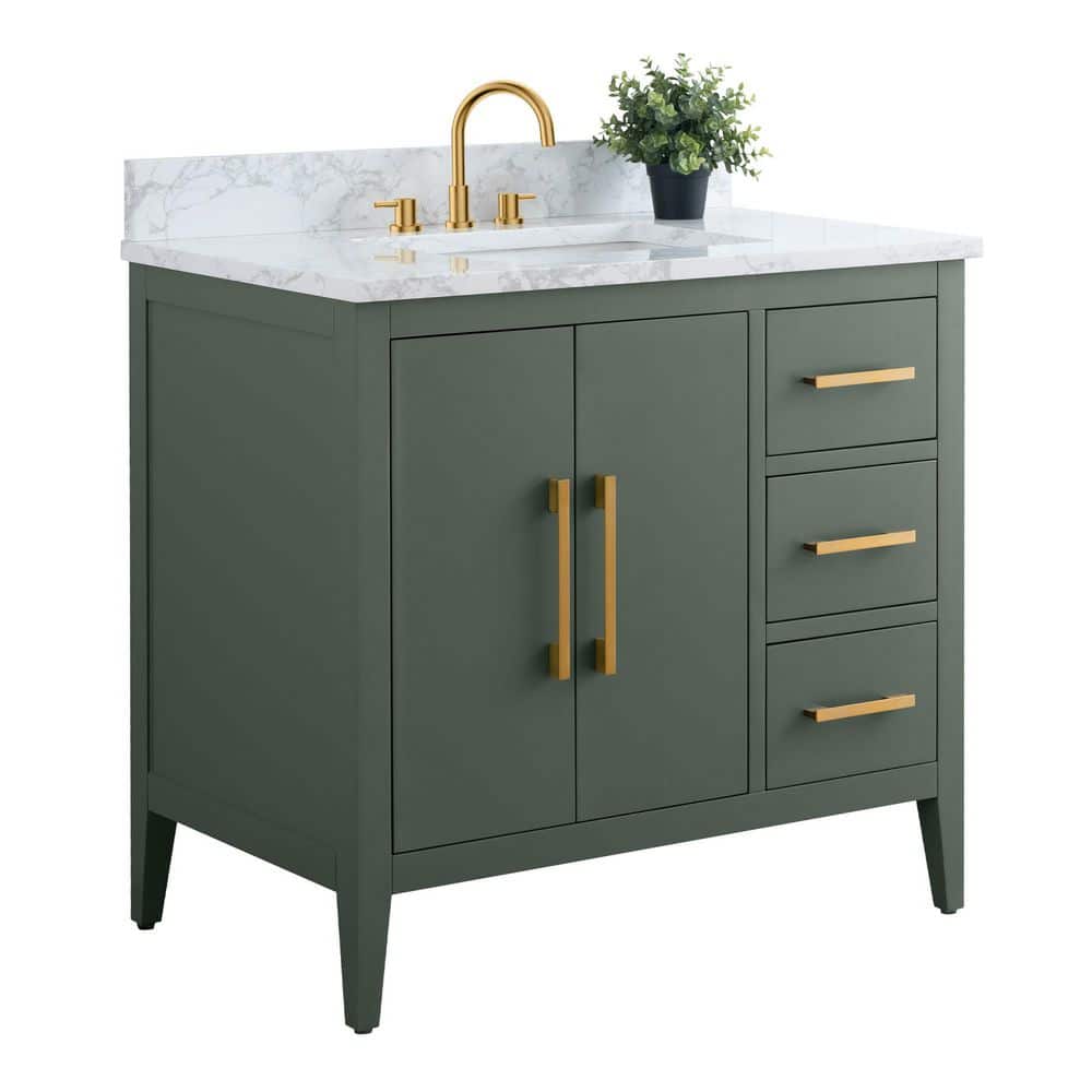 Vanity Art 36 in. W x 22 in. D x 34 in. H Single Sink Bathroom Vanity Cabinet in Vintage Green with Engineered Marble Top in White