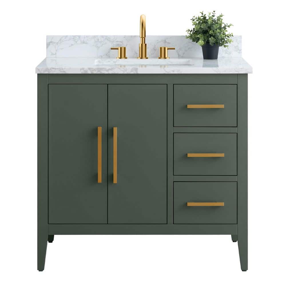 Vanity Art 36 in. W x 22 in. D x 34 in. H Single Sink Bathroom Vanity Cabinet in Vintage Green with Engineered Marble Top in White