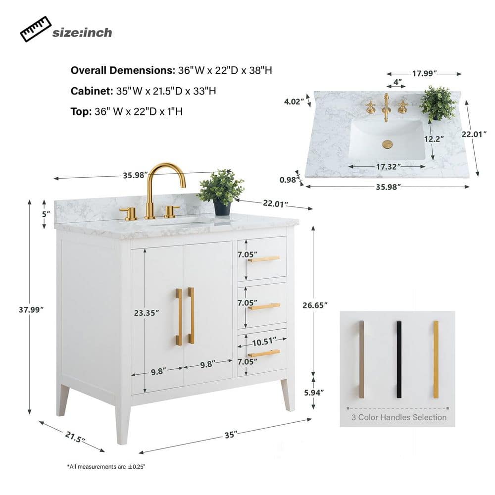 Vanity Art 36 in. W x 22 in. D x 34 in. H Single Sink Bathroom Vanity Cabinet in White with Engineered Marble Top in White