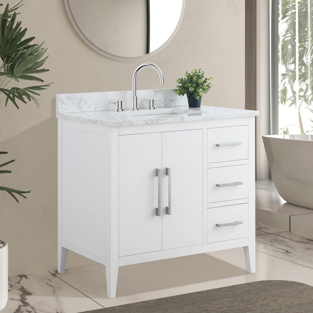 Vanity Art 36 in. W x 22 in. D x 34 in. H Single Sink Bathroom Vanity Cabinet in White with Engineered Marble Top in White