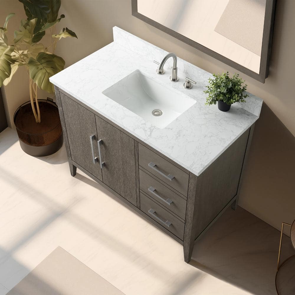 Vanity Art 42 in. W x 22 in. D x 34 in. H Single Sink Bathroom Vanity Cabinet in Driftwood Gray with Engineered Marble Top