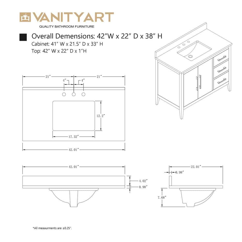 Vanity Art 42 in. W x 22 in. D x 34 in. H Single Sink Bathroom Vanity Cabinet in Driftwood Gray with Engineered Marble Top