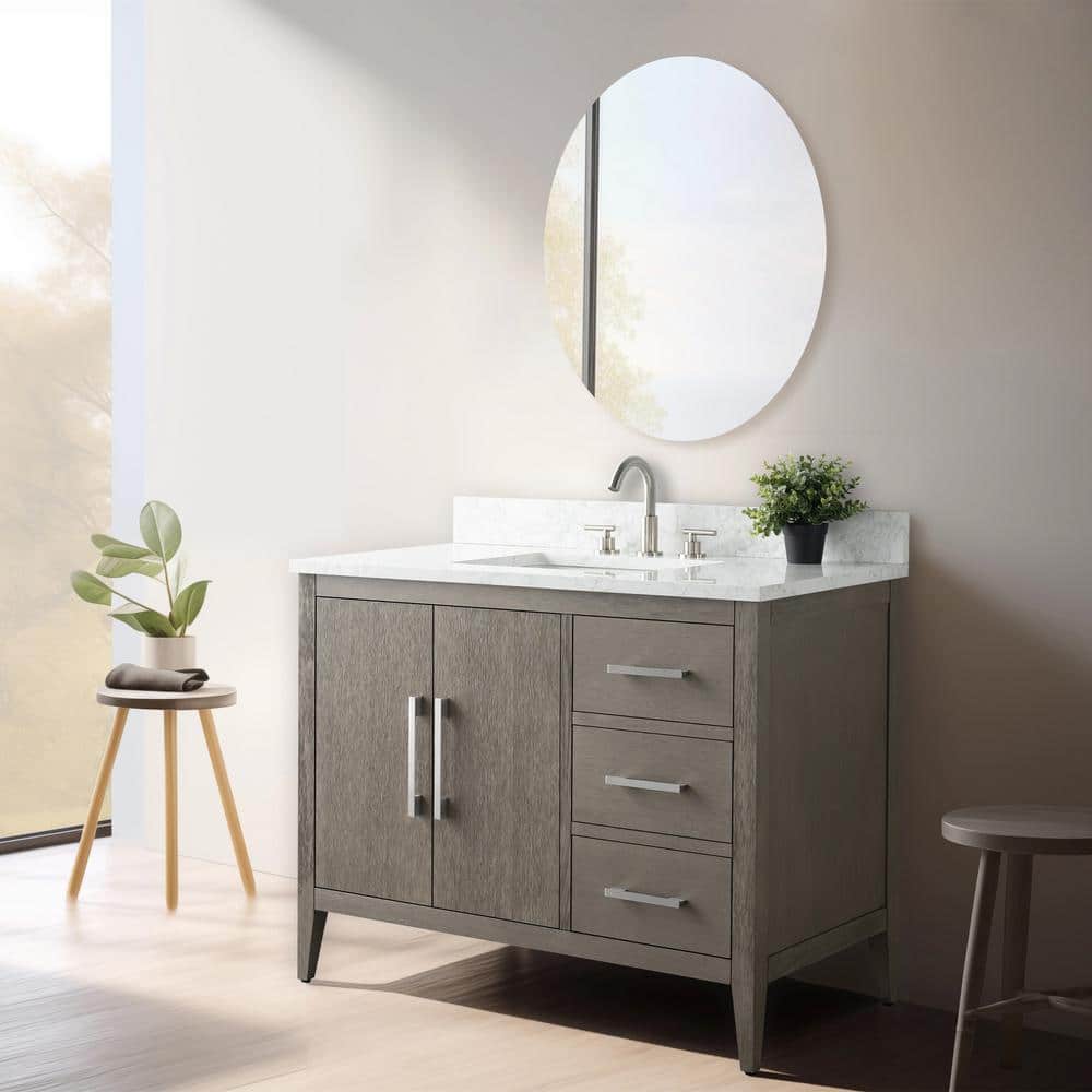 Vanity Art 42 in. W x 22 in. D x 34 in. H Single Sink Bathroom Vanity Cabinet in Driftwood Gray with Engineered Marble Top