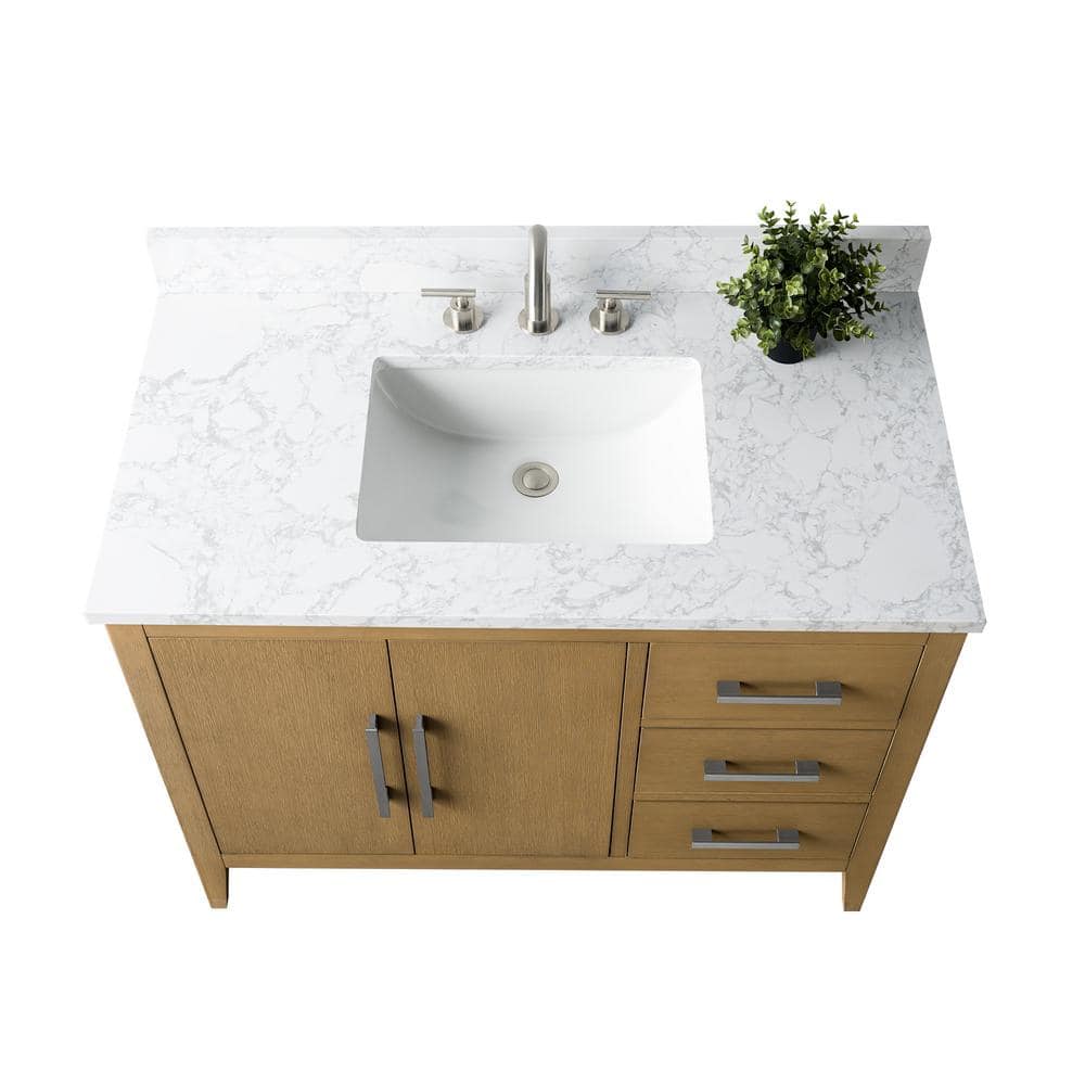 Vanity Art 42 in. W x 22 in. D x 34 in. H Single Sink Bathroom Vanity Cabinet in Natural Oak with Engineered Marble Top