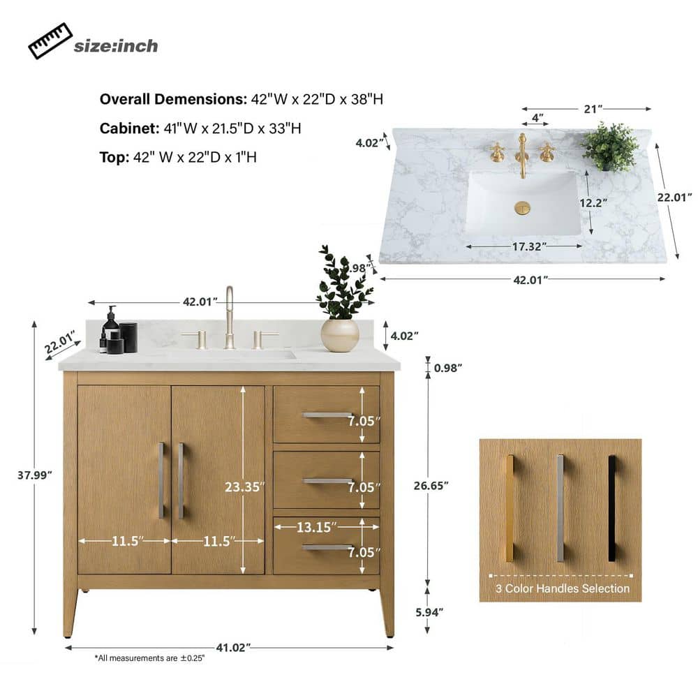 Vanity Art 42 in. W x 22 in. D x 34 in. H Single-Sink Bathroom Vanity in Natural Oak with Engineered Marble Top in Arabescato White