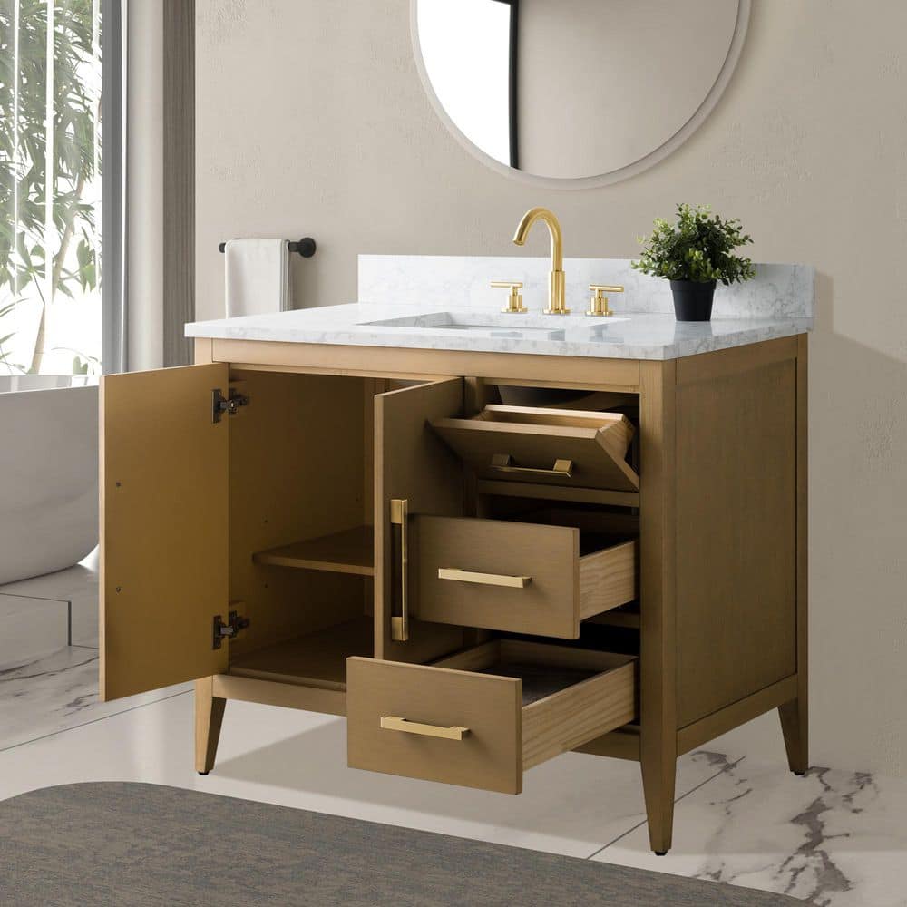 Vanity Art 42 in. W x 22 in. D x 34 in. H Single-Sink Bathroom Vanity in Natural Oak with Engineered Marble Top in Arabescato White