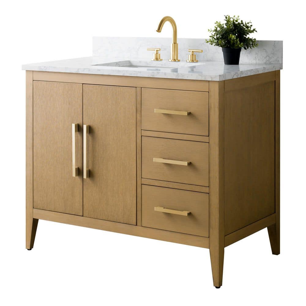 Vanity Art 42 in. W x 22 in. D x 34 in. H Single-Sink Bathroom Vanity in Natural Oak with Engineered Marble Top in Arabescato White